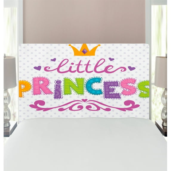 Feminine Headboard, Little Cartoon Lettering on Polka Dot Background Cheerful Illustration, Upholstered Decorative Metal Bed Headboard with Memory Foam, Twin Size, Fuchsia Green, by Ambesonne