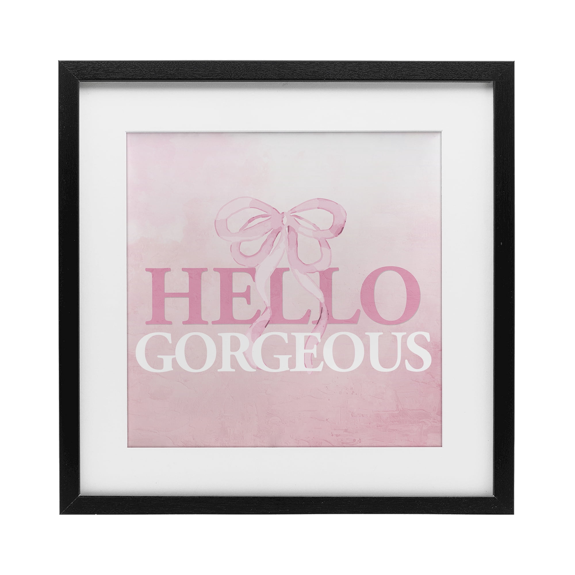 Feminine Hello Gorgeous Black Framed Print Under Glass, design by Kim Allen