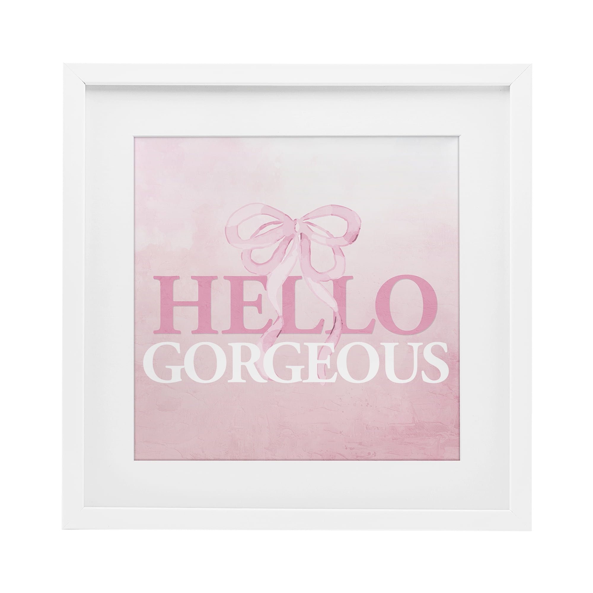 Feminine Hello Gorgeous White Framed Print Under Glass, design by Kim Allen