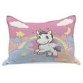thumbnail image 1 of Feminine Knitted Quilt Pillowcover, Unicorn Rainbow and Music Notes Clouds in the Sky Art Print, Standard King Size Pillow Cover for Bedroom, 30" x 20", Yellow and Pink, by Ambesonne, 1 of 2