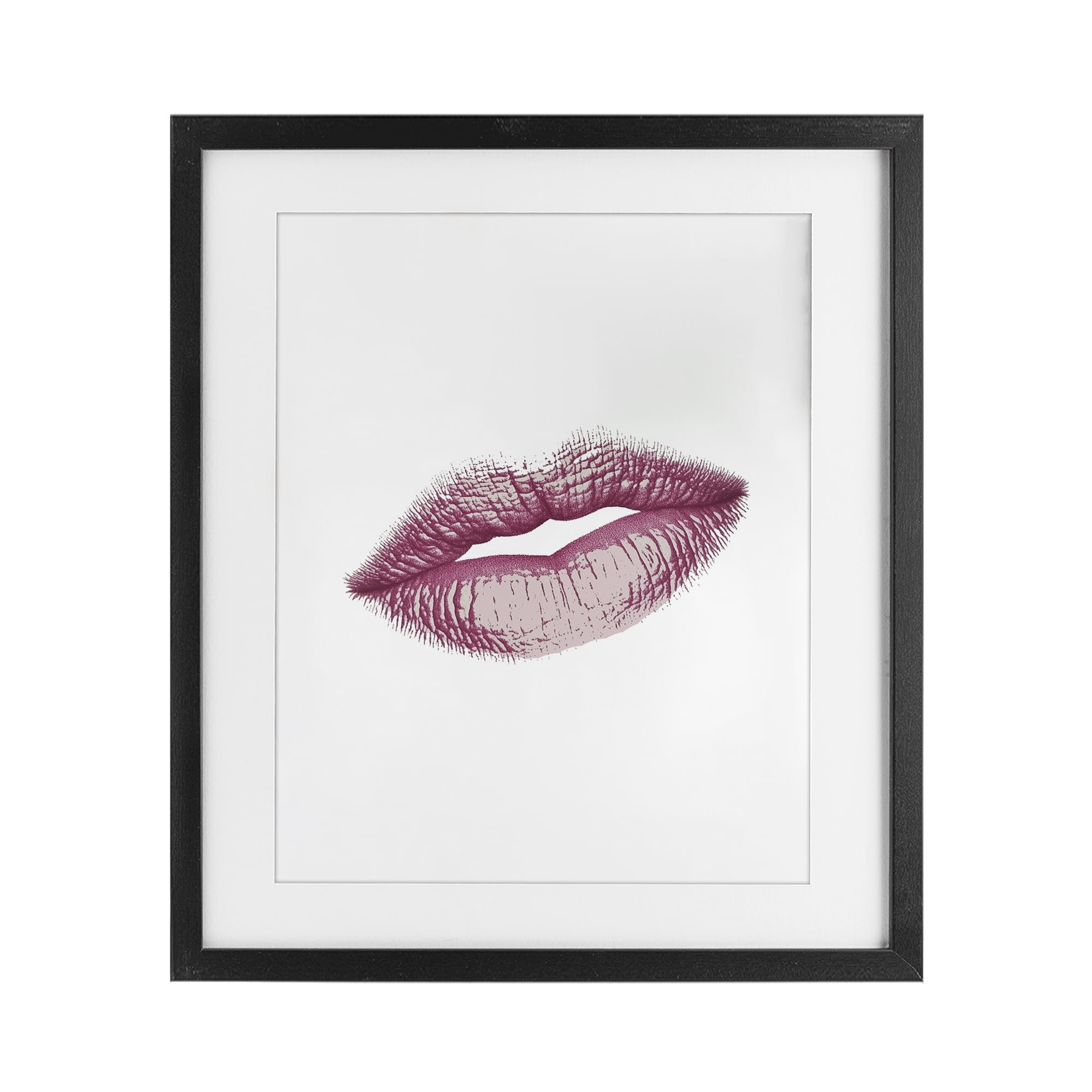 Feminine Pink Lips Glam Black Framed Print Under Glass, design by Christine Simpson Art