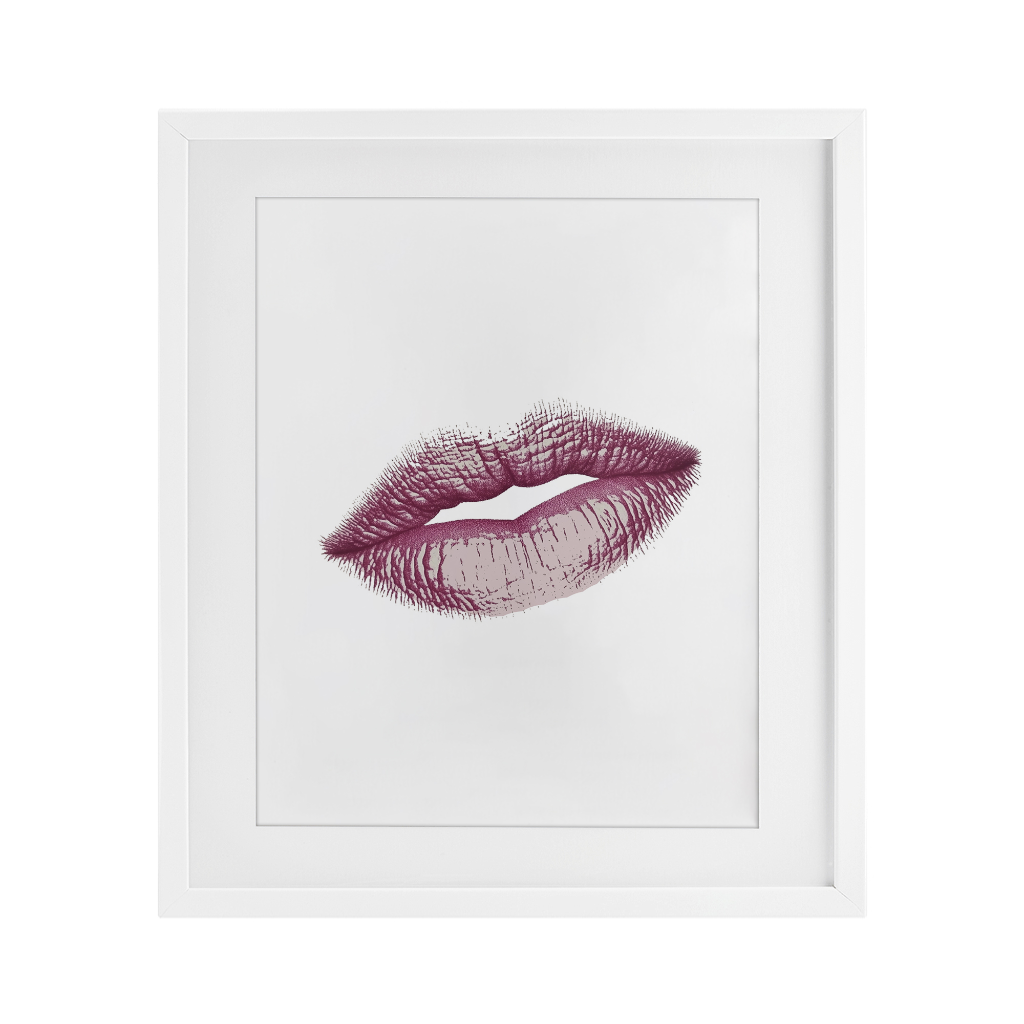 Feminine Pink Lips Glam White Framed Print Under Glass, design by Christine Simpson Art