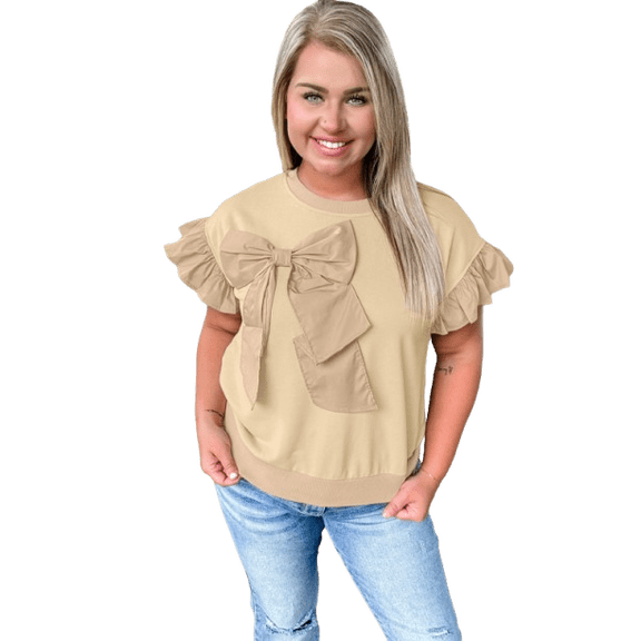 Feminine Plus Size Crew Neck Top - Ruffled Detail and Bowknot Decoration - [ZhiHiMeRi] | (US 18W-20W)2X