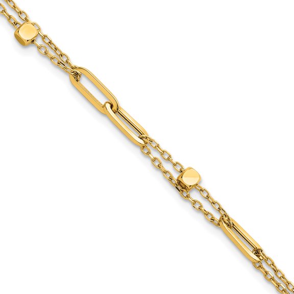 Feminine Precious Polished 14K Polished and Beaded 2-Strand with Fancy Paperclip Link 7.5 Inch Bracelet Opulent Heirloom Refined