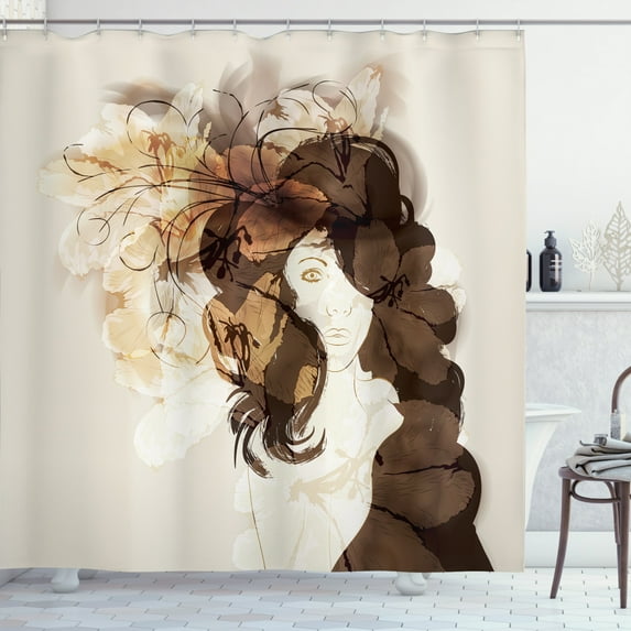 Feminine Shower Curtain, Long Haired Woman with Flowers Double Exposure Abstract Fashion Image, Fabric Bathroom Set with Hooks, 69W X 84L Inches Extra Long, Multicolor, by Ambesonne