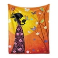 thumbnail image 1 of Feminine Soft Flannel Fleece Blanket, Flowers Butterflies and Silhouette of Girl in Floral Dress Bouquet Fantasy Art, Cozy Plush for Indoor and Outdoor Use, 50" x 70", Orange Black, by Ambesonne, 1 of 5