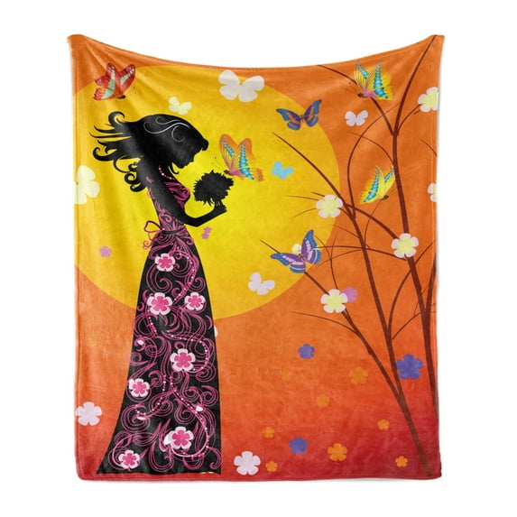 Feminine Soft Flannel Fleece Blanket, Flowers Butterflies and Silhouette of Girl in Floral Dress Bouquet Fantasy Art, Cozy Plush for Indoor and Outdoor Use, 60" x 80", Orange Black, by Ambesonne