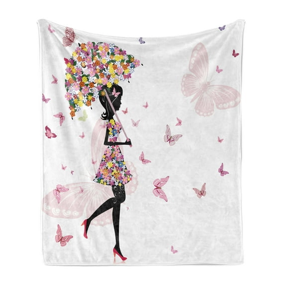 Feminine Soft Flannel Fleece Blanket, Girl with Floral Umbrella and Dress Walking with Butterflies Inspirational Art, Cozy Plush for Indoor and Outdoor Use, 50" x 70", Black and Pink, by Ambesonne