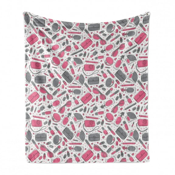 Feminine Soft Flannel Fleece Blanket, Sketchy Pattern of Lipstick Purse Sunglasses Perfume Powder Tiny Hearts Dots, Cozy Plush for Indoor and Outdoor Use, 60" x 80", Purpleblue Pink, by Ambesonne