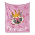thumbnail image 1 of Feminine Soft Flannel Fleece Blanket, Smiling Happy Princess Cat Wearing Big Glasses Hearts on the Background Print, Cozy Plush for Indoor and Outdoor Use, 50" x 70", Yellow and Pink, by Ambesonne, 1 of 5