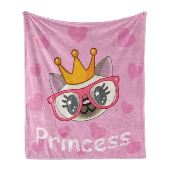 Feminine Soft Flannel Fleece Blanket, Smiling Happy Princess Cat Wearing Big Glasses Hearts on the Background Print, Cozy Plush for Indoor and Outdoor Use, 60" x 80", Yellow and Pink, by Ambesonne