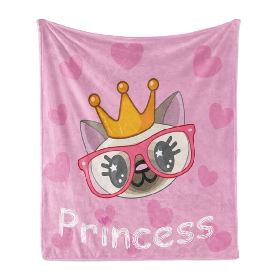 Feminine Soft Flannel Fleece Blanket, Smiling Happy Princess Cat Wearing Big Glasses Hearts on the Background Print, Cozy Plush for Indoor and Outdoor Use, 70" x 90", Yellow and Pink, by Ambesonne