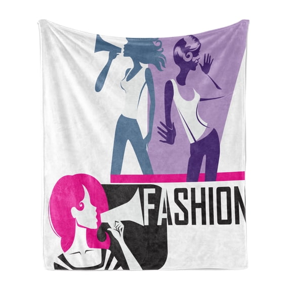 Feminine Soft Flannel Fleece Throw Blanket, Composition of Girls Yelling into Megaphone Modern Fashion Themed Art Print, Cozy Plush for Indoor and Outdoor Use, 60" x 80", Purple Black, by Ambesonne