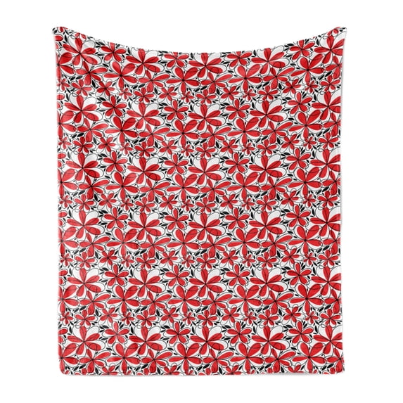 Feminine Soft Flannel Fleece Throw Blanket, Doodle Art Style Abstract Flowers with Red Petals and Black Leaves, Cozy Plush for Indoor and Outdoor Use, 60" x 80", Scarlet White Black, by Ambesonne