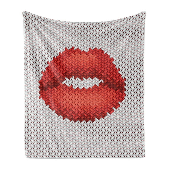 Feminine Soft Flannel Fleece Throw Blanket, Lips Illustration Cosmetics Pattern Womanly Ornamental Design, Cozy Plush for Indoor and Outdoor Use, 50" x 60", Grey and Red, by Ambesonne