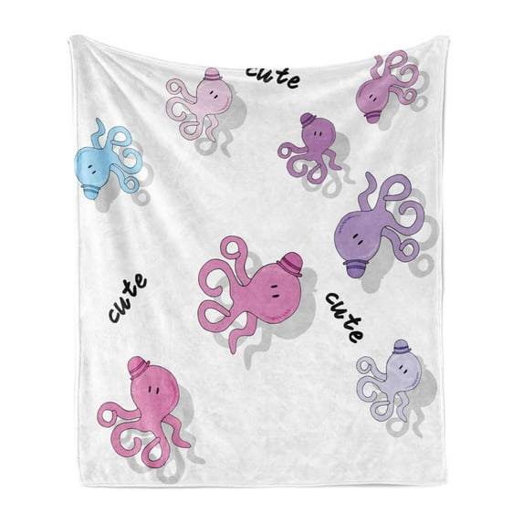 Feminine Soft Flannel Fleece Throw Blanket, Octopus Pattern Colorful Drop Shadow Cartoon Illustration Childish Print, Cozy Plush for Indoor and Outdoor Use, 70" x 90", Purple and Blue, by Ambesonne