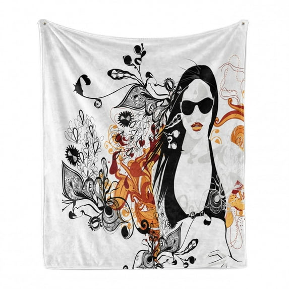 Feminine Soft Flannel Fleece Throw Blanket, Party Girl Glasses with Flowers Blossoms Ornamental Patterns Background Image, Cozy Plush for Indoor and Outdoor Use, 70" x 90", Orange Black, by Ambesonne