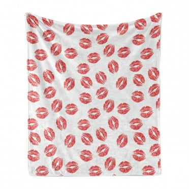 Feminine Soft Flannel Fleece Throw Blanket, Pattern of Lipstick Kiss Marks Woman Valentines Wedding Theme Illustration, Cozy Plush for Indoor and Outdoor Use, 50" x 70", White Red, by Ambesonne