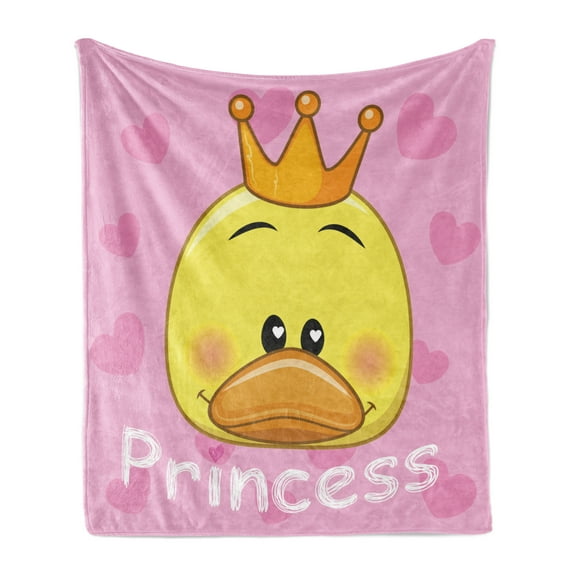 Feminine Soft Flannel Fleece Throw Blanket, Princess Duck with Tiara and Hearts in the Background Fun Artwork, Cozy Plush for Indoor and Outdoor Use, 50" x 60", Yellow and Pink, by Ambesonne