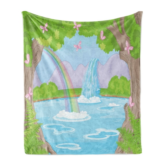 Feminine Soft Flannel Fleece Throw Blanket, Print of Fairy Landscape with Waterfall Rainbow Lake Butterflies Land, Cozy Plush for Indoor and Outdoor Use, 50" x 70", Green and Blue, by Ambesonne