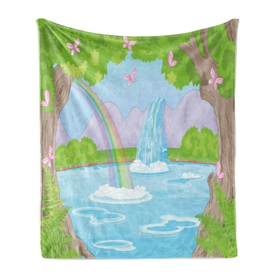 Feminine Soft Flannel Fleece Throw Blanket, Print of Fairy Landscape with Waterfall Rainbow Lake Butterflies Land, Cozy Plush for Indoor and Outdoor Use, 70" x 90", Green and Blue, by Ambesonne
