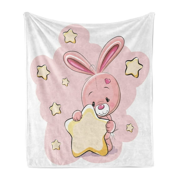 Feminine Soft Flannel Fleece Throw Blanket, Rabbit Bunny with Star Art for Birthday Celebrations Baby Shower Theme, Cozy Plush for Indoor and Outdoor Use, 70" x 90", Yellow and Pink, by Ambesonne