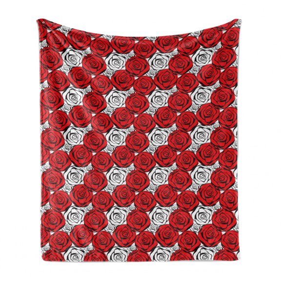 Feminine Soft Flannel Fleece Throw Blanket, Roses with Black Contours in Retro Style Feminine Nature Inspired, Cozy Plush for Indoor and Outdoor Use, 50" x 60", Scarlet White Black, by Ambesonne
