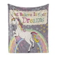 thumbnail image 1 of Feminine Soft Flannel Fleece Throw Blanket, Unicorn Believe in Your Dreams Words Illustration, Cozy Plush for Indoor and Outdoor Use, 70" x 90", Beige and Lilac, by Ambesonne, 1 of 5