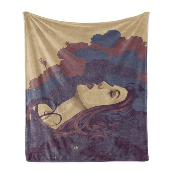 Feminine Soft Flannel Fleece Throw Blanket, Woman Surrounded by Abstract Floral Ornaments Curly Hair Modern Art, Cozy Plush for Indoor and Outdoor Use, 50" x 70", Multicolor, by Ambesonne