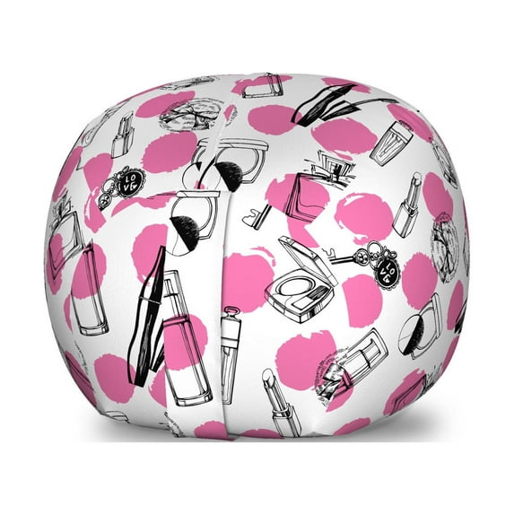 Feminine Storage Toy Bag Chair, Repetitive Perfume Lipstick Makeup Care Items with Sketchy Dots Print, Stuffed Animal Organizer Washable Bag, Large Size, Pink and Charcoal Grey, by Ambesonne