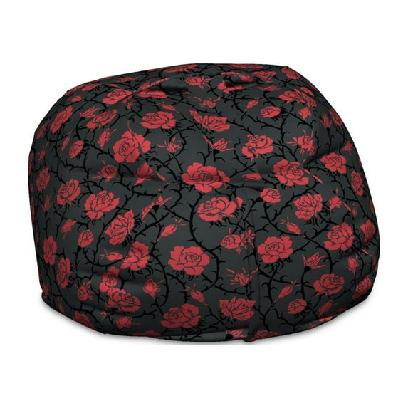 Feminine Storage Toy Bag Chair, Romantic Vintage Roses Illustration Old Fashioned Victorian Art, Stuffed Animal Organizer Washable Bag, Large Size, Charcoal Grey Black Red, by Ambesonne