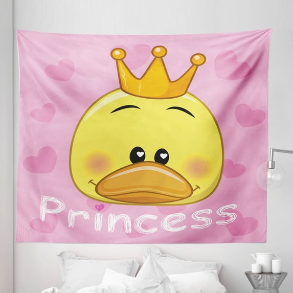 Feminine Tapestry, Cartoon Duck with Tiara and Hearts in the Background Fun Art, Fabric Wall Hanging Decor for Bedroom Living Room Dorm, 5 Sizes, Yellow and Pink, by Ambesonne