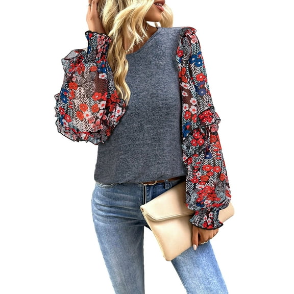 Feminine and Romantic Long Sleeve Blouse with Crew Neck - Blue Floral Pattern