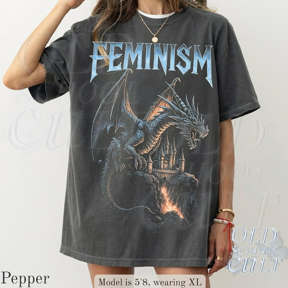 Feminism Dragon Graphic Print T-Shirt | Vintage Fantasy Castle Tee | Empowerment Gothic Style Unisex Top
