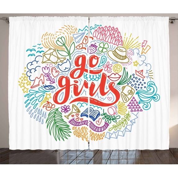 Feminist Curtains 2 Panels Set, Go Girls Hand-Drawn Lettering with Colorful Flowers and Geometric Figures Design, Window Drapes for Living Room Bedroom, 108W X 84L Inches, Multicolor, by Ambesonne