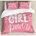 thumbnail image 1 of Feminist Queen Size Duvet Cover Set, Brush Stroke Style Lettering Girl Power for Inspirational Theme Grungy Background, Decorative 3 Piece Bedding Set with 2 Pillow Shams, Pink White, by Ambesonne, 1 of 3