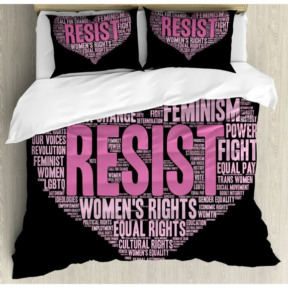 Feminist Queen Size Duvet Cover Set, Heart Shape Collage of Motivational Phrases for Gender Social Awareness, Decorative 3 Piece Bedding Set with 2 Pillow Shams, Pink Black and Rose, by Ambesonne