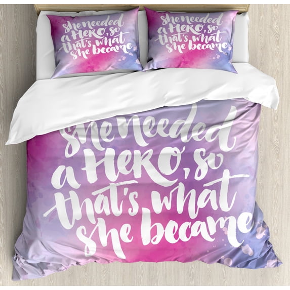 Feminist Queen Size Duvet Cover Set, Inspirational Female Hero Themed Hand-Drawn Style Lettering on Watercolor Effect, Decorative 3 Piece Bedding Set with 2 Pillow Shams, Multicolor, by Ambesonne