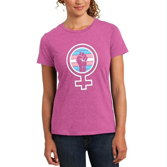 Feminist Raised First 70's Retro Trans Flag Womens Soft Blend T Shirt Heathered Pink Raspberry MD