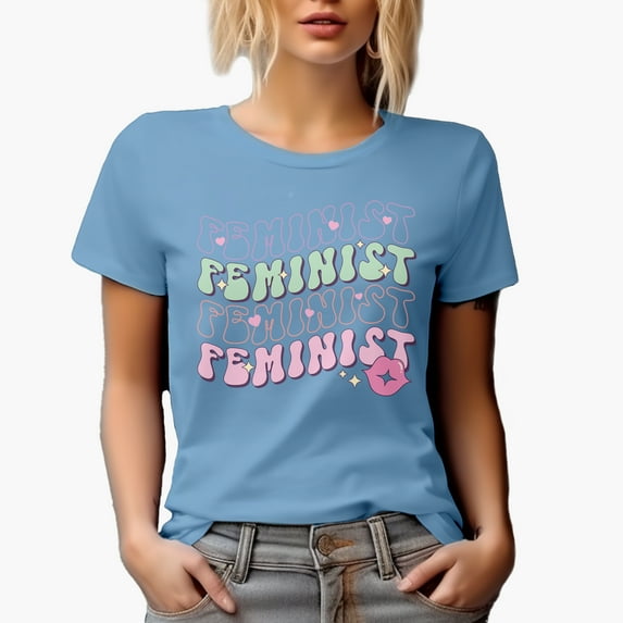 Feminist, Retro Groovy Wavy Text Art Merch Gift, Baby Blue T-Shirt, Medium