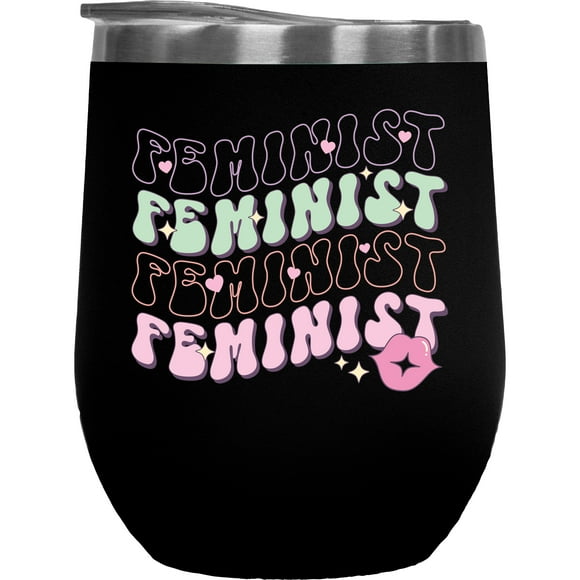 Feminist, Retro Groovy Wavy Text & Girly Art Merch Gift, Black 12oz Wine Tumbler