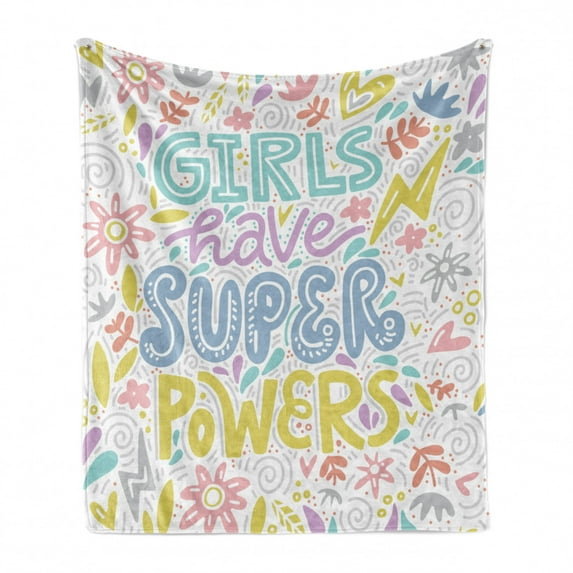 Feminist Soft Flannel Fleece Blanket, Boho Feminist Design with Colorful Floral Motif and Phrase Girls Have Super Powers, Cozy Plush for Indoor and Outdoor Use, 60" x 80", Multicolor, by Ambesonne