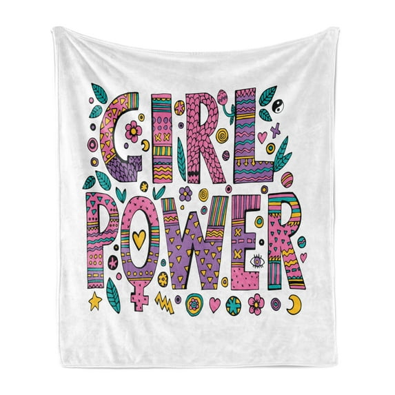 Feminist Soft Flannel Fleece Blanket, Hippie Boho Girl Power Lettering with Foliage in Shades of Pink and Purple Colors, Cozy Plush for Indoor and Outdoor Use, 50" x 60", Multicolor, by Ambesonne