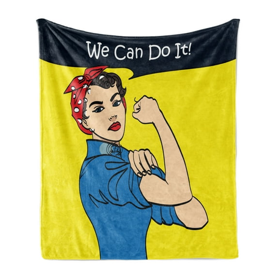 Feminist Soft Flannel Fleece Throw Blanket, Cartoon Woman with We Can Do It Words on a Speech Bubble Social Movement Theme, Cozy Plush for Indoor and Outdoor Use, 50" x 60", Multicolor, by Ambesonne