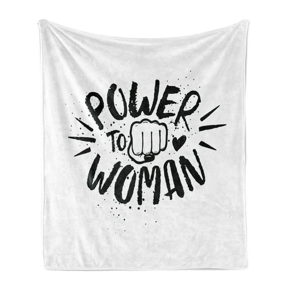 Feminist Soft Flannel Fleece Throw Blanket, Grungy Smudged Style Typography Power to Woman Words and Fist Print, Cozy Plush for Indoor and Outdoor Use, 60" x 80", Black and White, by Ambesonne