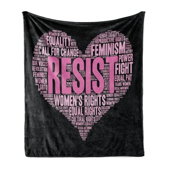 Feminist Soft Flannel Fleece Throw Blanket, Heart Shape Collage of Phrases for Gender Social Awareness, Cozy Plush for Indoor and Outdoor Use, 50" x 70", Pink Black and Rose, by Ambesonne