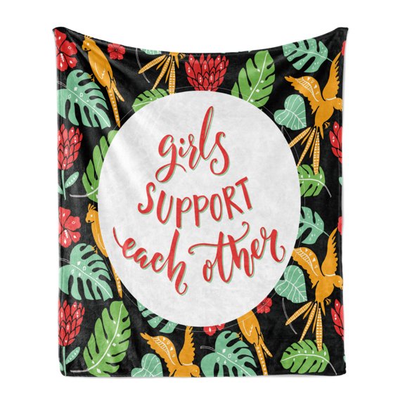 Feminist Soft Flannel Fleece Throw Blanket, Tropical Monstera Leaves and Parrots Themed Background and Girl Words, Cozy Plush for Indoor and Outdoor Use, 50" x 70", Multicolor, by Ambesonne
