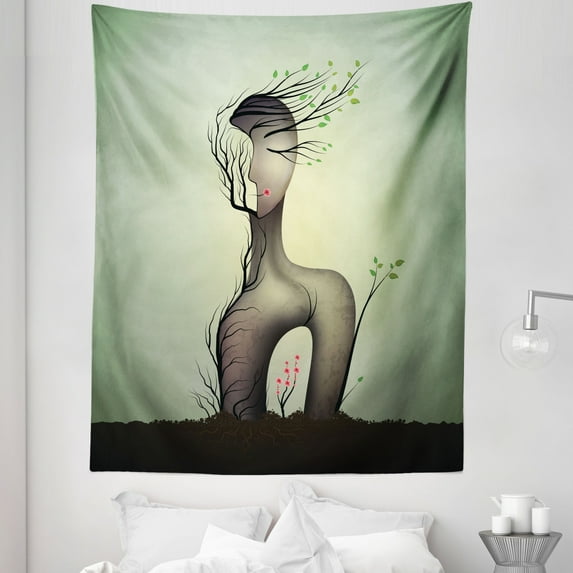 Feminist Tapestry, Abstract Surrealistic Woman Shape with Roses Growing Inside for Spring Dream Theme, Fabric Wall Hanging Decor for Bedroom Living Room Dorm, 5 Sizes, Multicolor, by Ambesonne