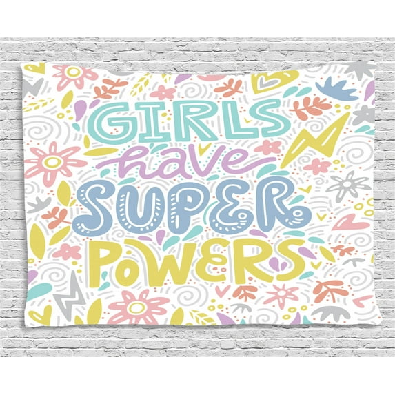 Feminist Tapestry, Boho Feminist Design with Colorful Floral Motif and Phrase Girls Have Super Powers, Wall Hanging for Bedroom Living Room Dorm Decor, 80W X 60L Inches, Multicolor, by Ambesonne