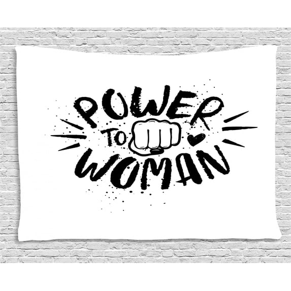 Feminist Tapestry, Grungy Smudged Style Typography Power to Woman Quote and Fist Figure Print, Wall Hanging for Bedroom Living Room Dorm Decor, 60W X 40L Inches, Black and White, by Ambesonne